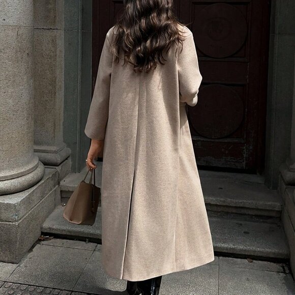 Khaki Casual Women's Lapel Long Coat - Picture 4 of 8